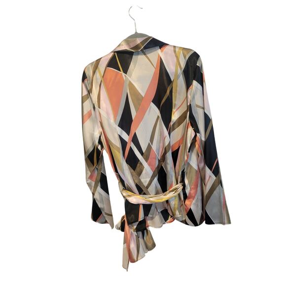Lane Bryant 18/20 Abstract Colorful Silky Satin LS Wrap Blouse Office Siren Boss - Picture 2 of 8